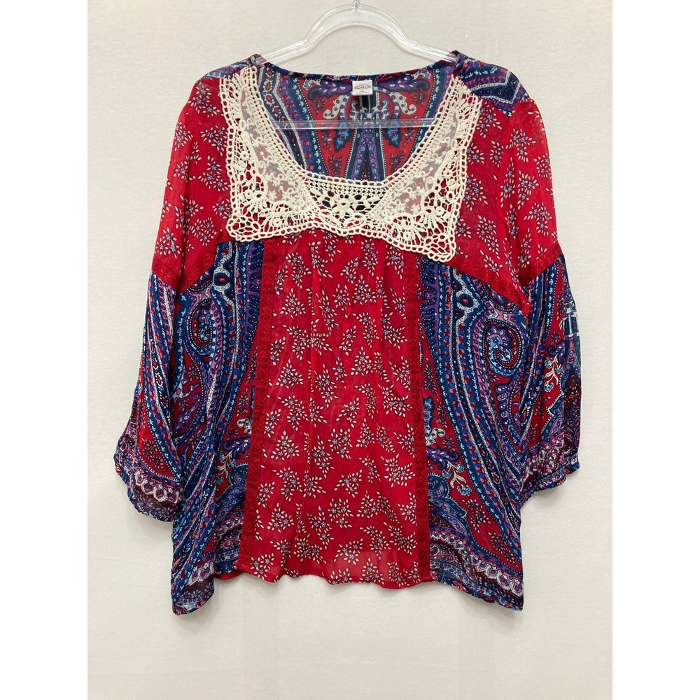 Bila Paisley Crochet Lace Blouse XL Red Blue Boho Rayon Festival Vacation